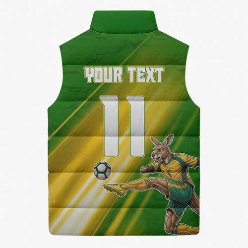 Personalized Australia Soccer Kangaroo Sleeveless Puffer Jacket Dynamic Kick with Australian Flag Green Gold Sports Graphic