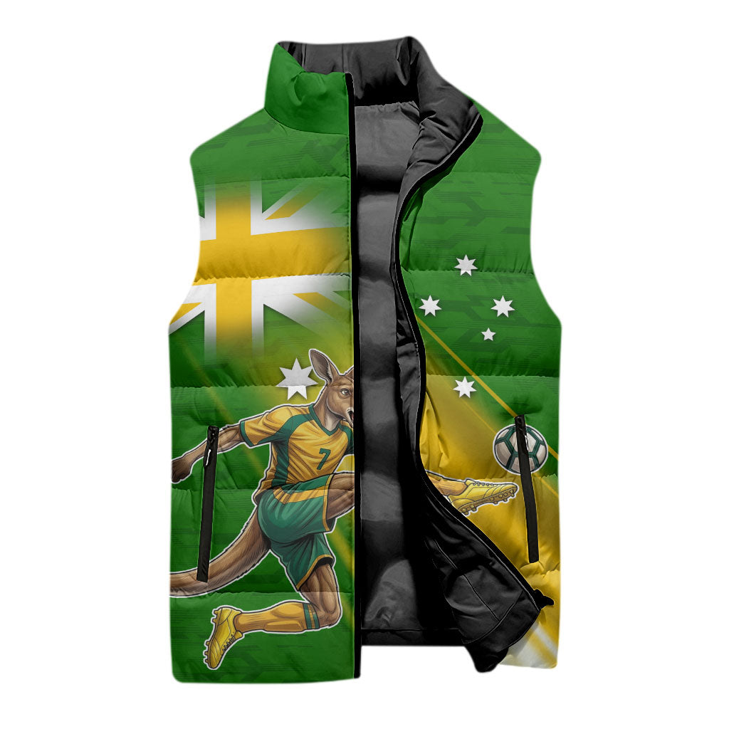 Personalized Australia Soccer Kangaroo Sleeveless Puffer Jacket Dynamic Kick with Australian Flag Green Gold Sports Graphic