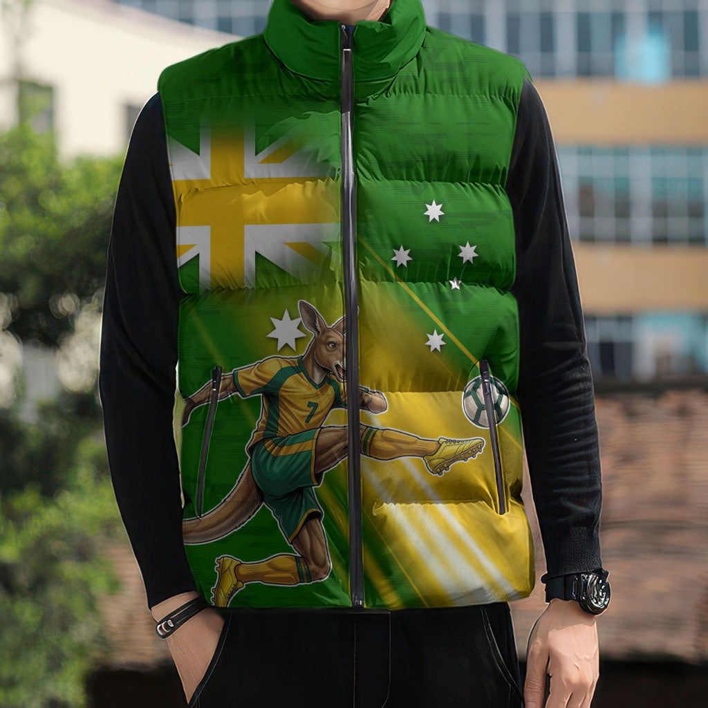 Personalized Australia Soccer Kangaroo Sleeveless Puffer Jacket Dynamic Kick with Australian Flag Green Gold Sports Graphic