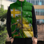 Personalized Australia Soccer Kangaroo Sleeveless Puffer Jacket Dynamic Kick with Australian Flag Green Gold Sports Graphic