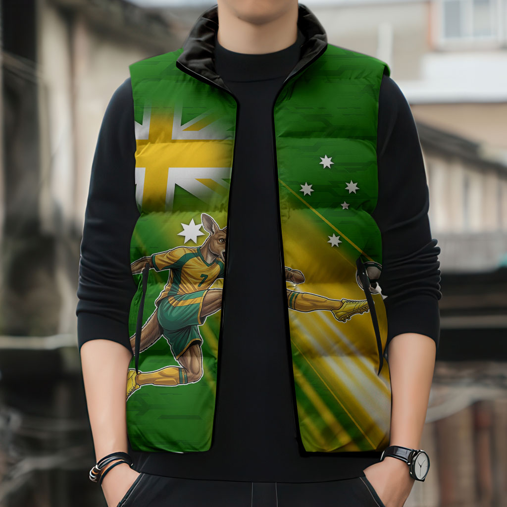 Personalized Australia Soccer Kangaroo Sleeveless Puffer Jacket Dynamic Kick with Australian Flag Green Gold Sports Graphic
