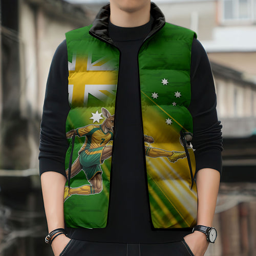 Personalized Australia Soccer Kangaroo Sleeveless Puffer Jacket Dynamic Kick with Australian Flag Green Gold Sports Graphic