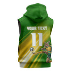 Personalized Australia Soccer Kangaroo Sleeveless Zip Hoodie Dynamic Kick with Australian Flag Green Gold Sports Graphic