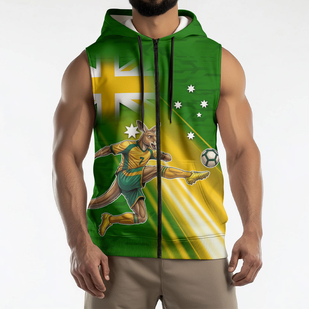 Personalized Australia Soccer Kangaroo Sleeveless Zip Hoodie Dynamic Kick with Australian Flag Green Gold Sports Graphic