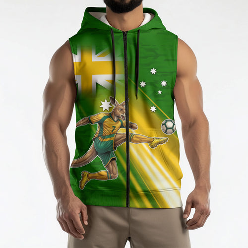 Personalized Australia Soccer Kangaroo Sleeveless Zip Hoodie Dynamic Kick with Australian Flag Green Gold Sports Graphic