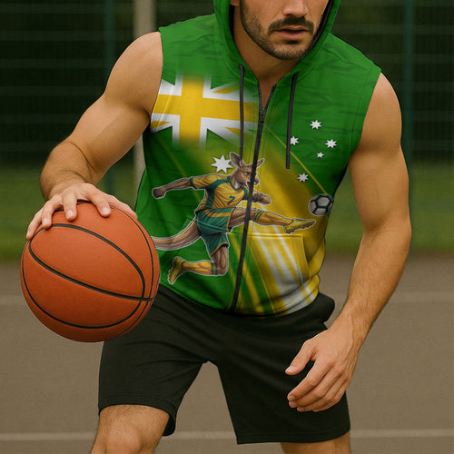 Personalized Australia Soccer Kangaroo Sleeveless Zip Hoodie Dynamic Kick with Australian Flag Green Gold Sports Graphic