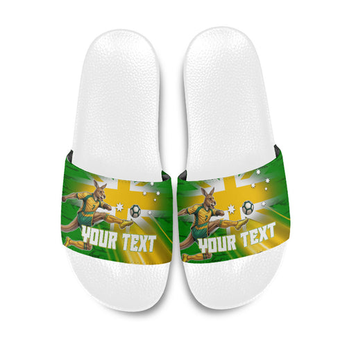 Personalized Australia Soccer Kangaroo Slide Sandals Dynamic Kick with Australian Flag Green Gold Sports Graphic