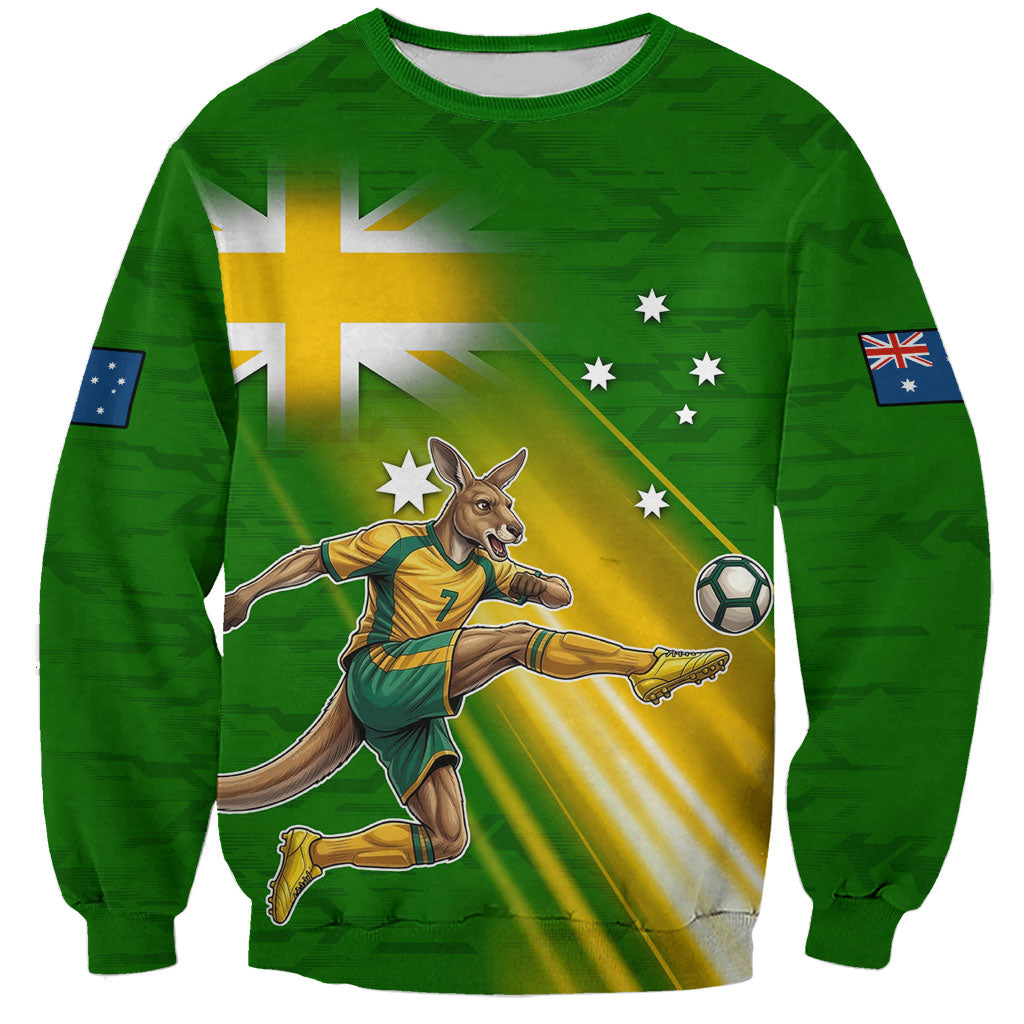 Personalized Australia Soccer Kangaroo Sweatshirt Dynamic Kick with Australian Flag Green Gold Sports Graphic