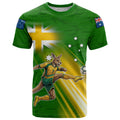 Personalized Australia Soccer Kangaroo T Shirt Dynamic Kick with Australian Flag Green Gold Sports Graphic