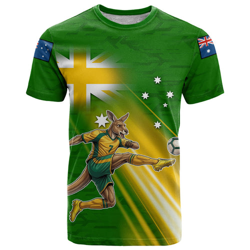 Personalized Australia Soccer Kangaroo T Shirt Dynamic Kick with Australian Flag Green Gold Sports Graphic