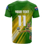 Personalized Australia Soccer Kangaroo T Shirt Dynamic Kick with Australian Flag Green Gold Sports Graphic