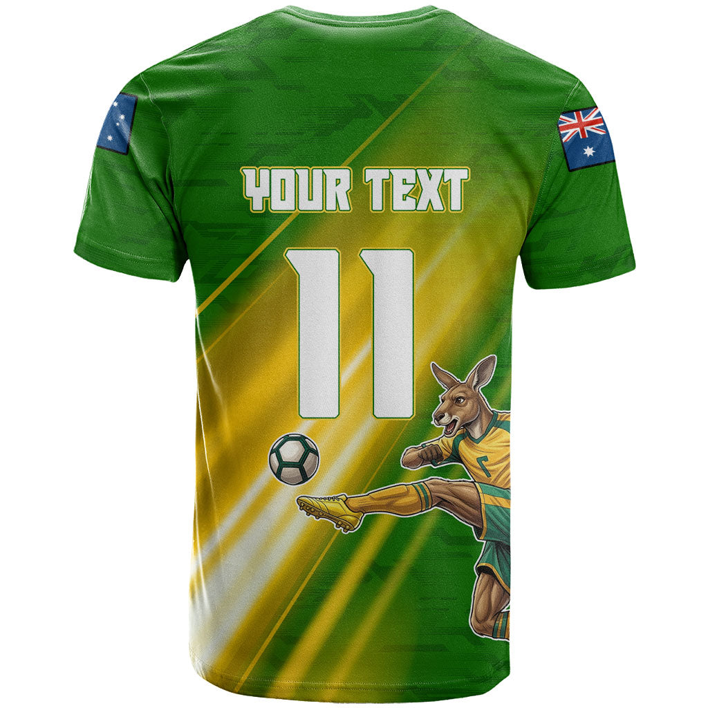 Personalized Australia Soccer Kangaroo T Shirt Dynamic Kick with Australian Flag Green Gold Sports Graphic