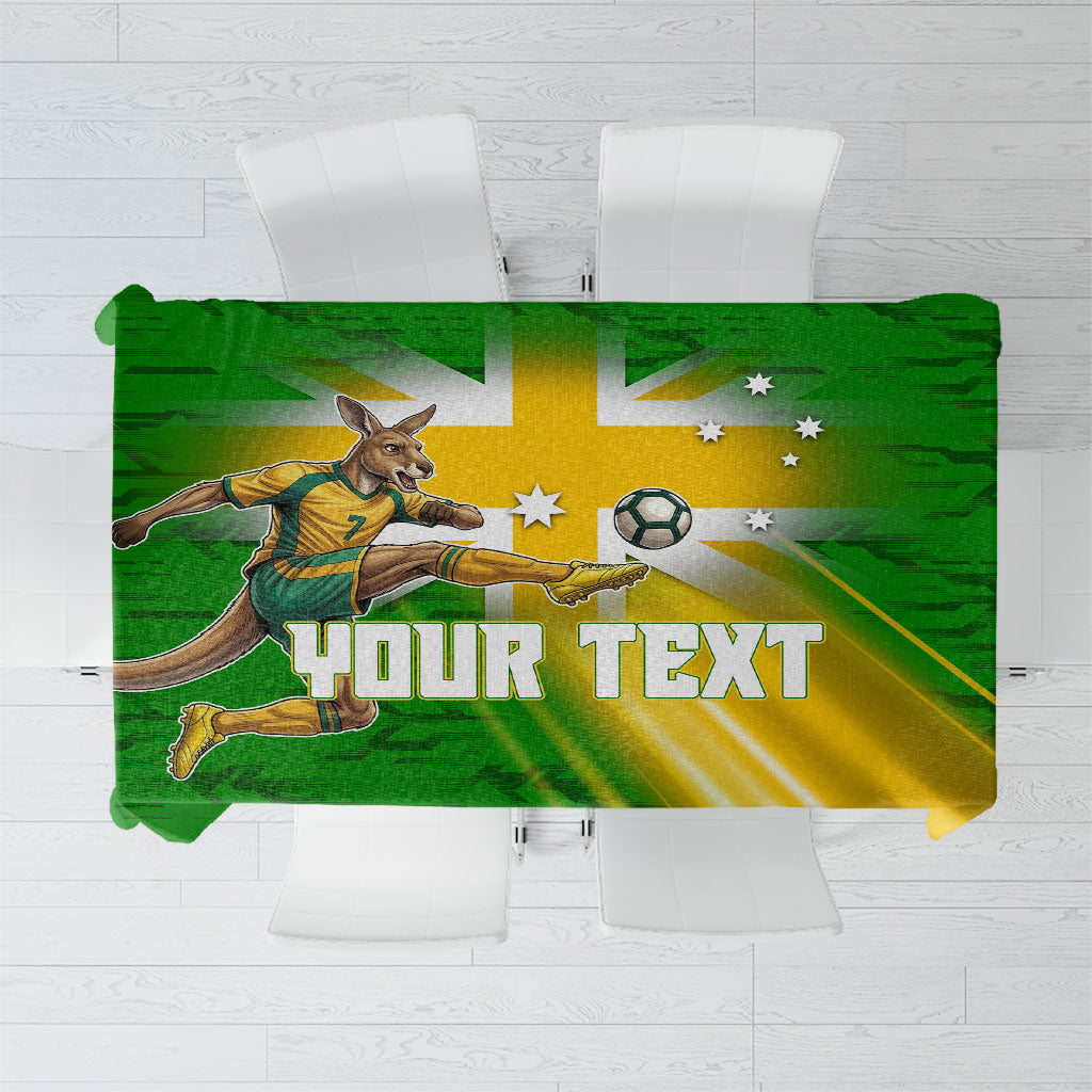Personalized Australia Soccer Kangaroo Tablecloth Dynamic Kick with Australian Flag Green Gold Sports Graphic