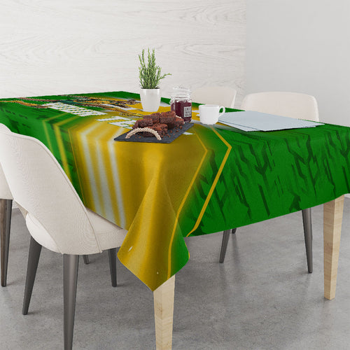 Personalized Australia Soccer Kangaroo Tablecloth Dynamic Kick with Australian Flag Green Gold Sports Graphic