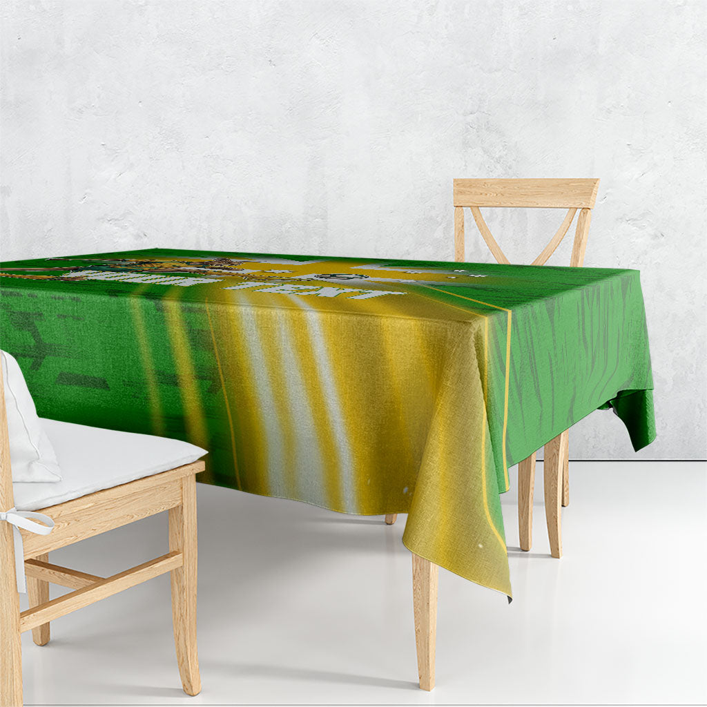 Personalized Australia Soccer Kangaroo Tablecloth Dynamic Kick with Australian Flag Green Gold Sports Graphic