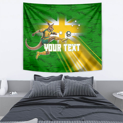Personalized Australia Soccer Kangaroo Tapestry Dynamic Kick with Australian Flag Green Gold Sports Graphic