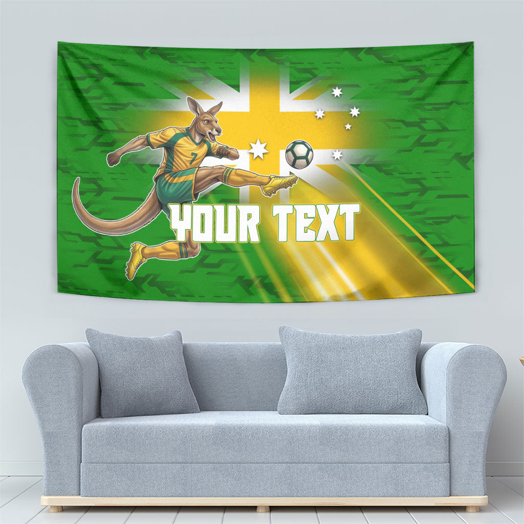 Personalized Australia Soccer Kangaroo Tapestry Dynamic Kick with Australian Flag Green Gold Sports Graphic