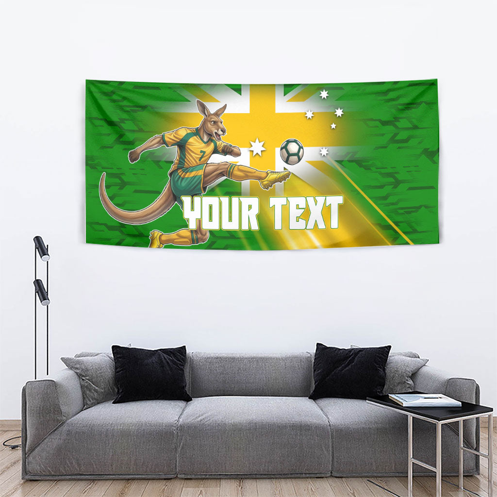 Personalized Australia Soccer Kangaroo Tapestry Dynamic Kick with Australian Flag Green Gold Sports Graphic