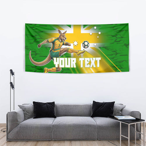 Personalized Australia Soccer Kangaroo Tapestry Dynamic Kick with Australian Flag Green Gold Sports Graphic
