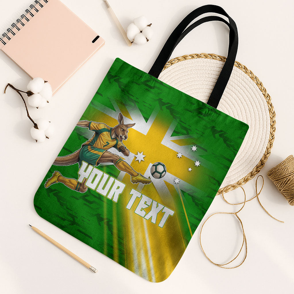 Personalized Australia Soccer Kangaroo Tote Bag Dynamic Kick with Australian Flag Green Gold Sports Graphic