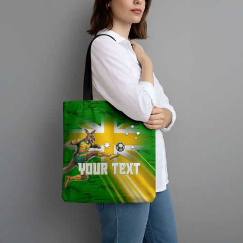 Personalized Australia Soccer Kangaroo Tote Bag Dynamic Kick with Australian Flag Green Gold Sports Graphic