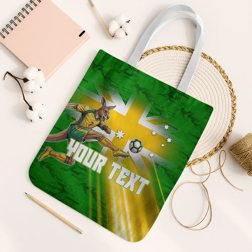 Personalized Australia Soccer Kangaroo Tote Bag Dynamic Kick with Australian Flag Green Gold Sports Graphic