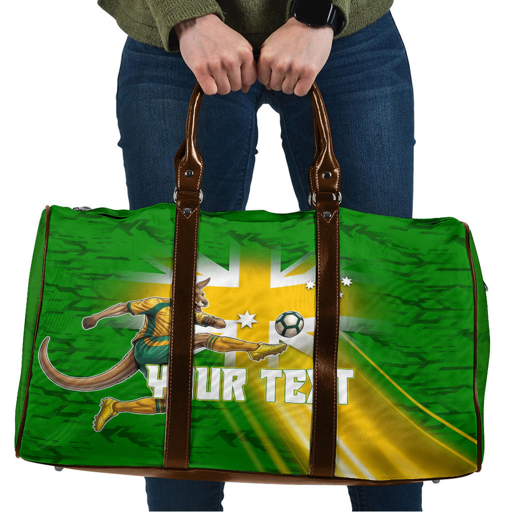 Personalized Australia Soccer Kangaroo Travel Bag Dynamic Kick with Australian Flag Green Gold Sports Graphic
