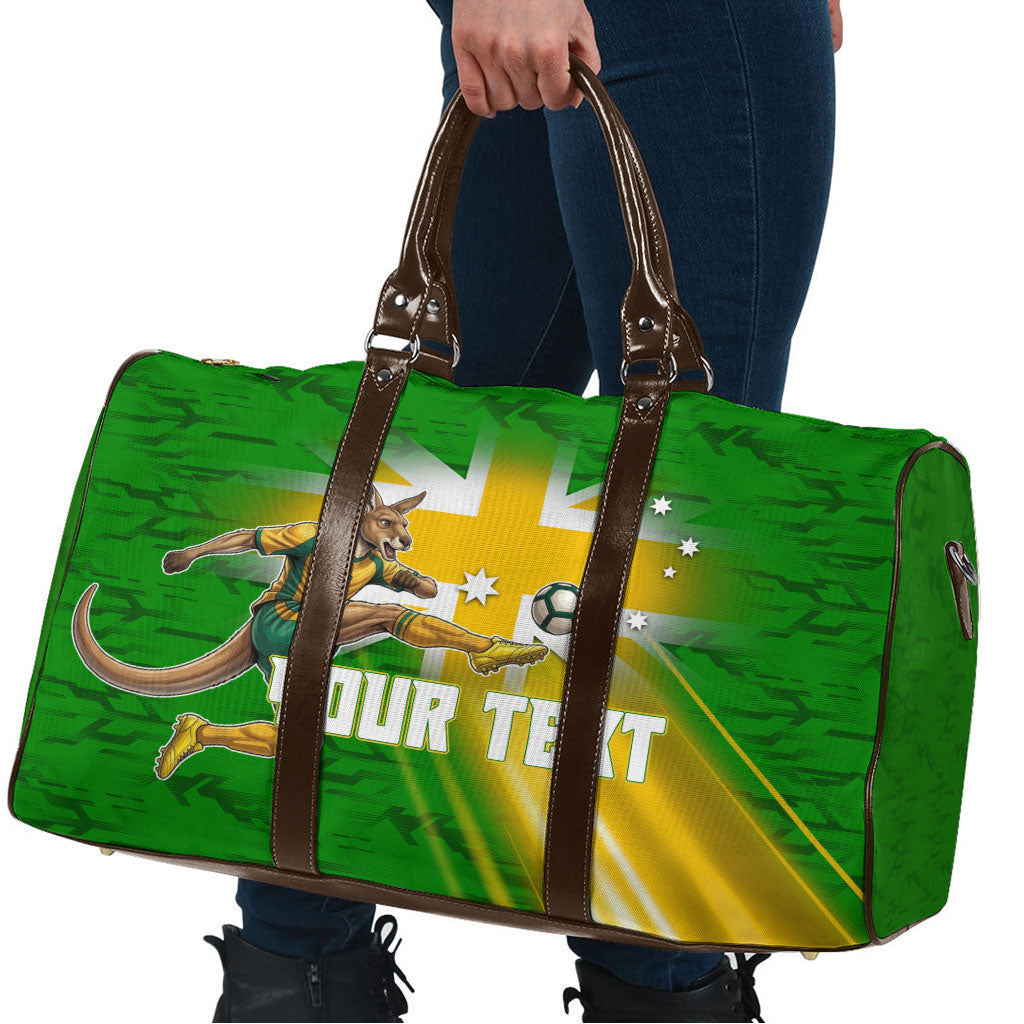 Personalized Australia Soccer Kangaroo Travel Bag Dynamic Kick with Australian Flag Green Gold Sports Graphic