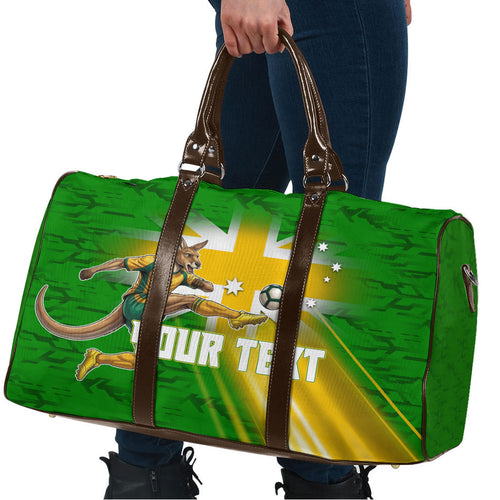 Personalized Australia Soccer Kangaroo Travel Bag Dynamic Kick with Australian Flag Green Gold Sports Graphic