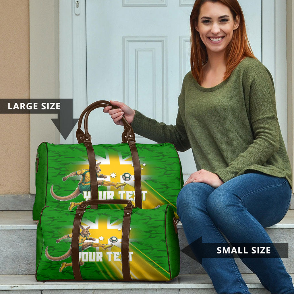 Personalized Australia Soccer Kangaroo Travel Bag Dynamic Kick with Australian Flag Green Gold Sports Graphic