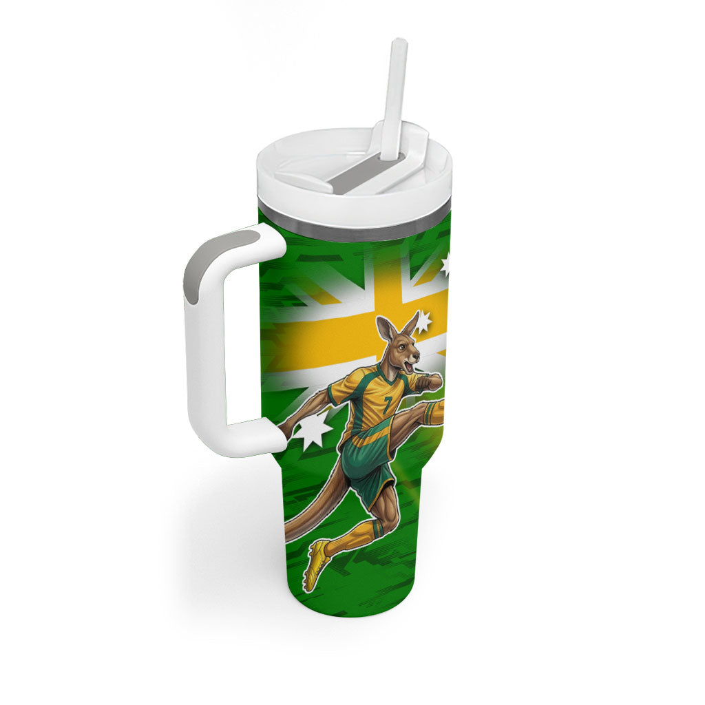 Personalized Australia Soccer Kangaroo Tumbler With Handle Dynamic Kick with Australian Flag Green Gold Sports Graphic
