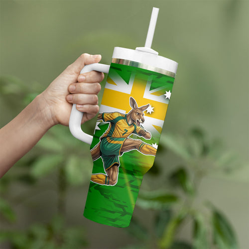 Personalized Australia Soccer Kangaroo Tumbler With Handle Dynamic Kick with Australian Flag Green Gold Sports Graphic