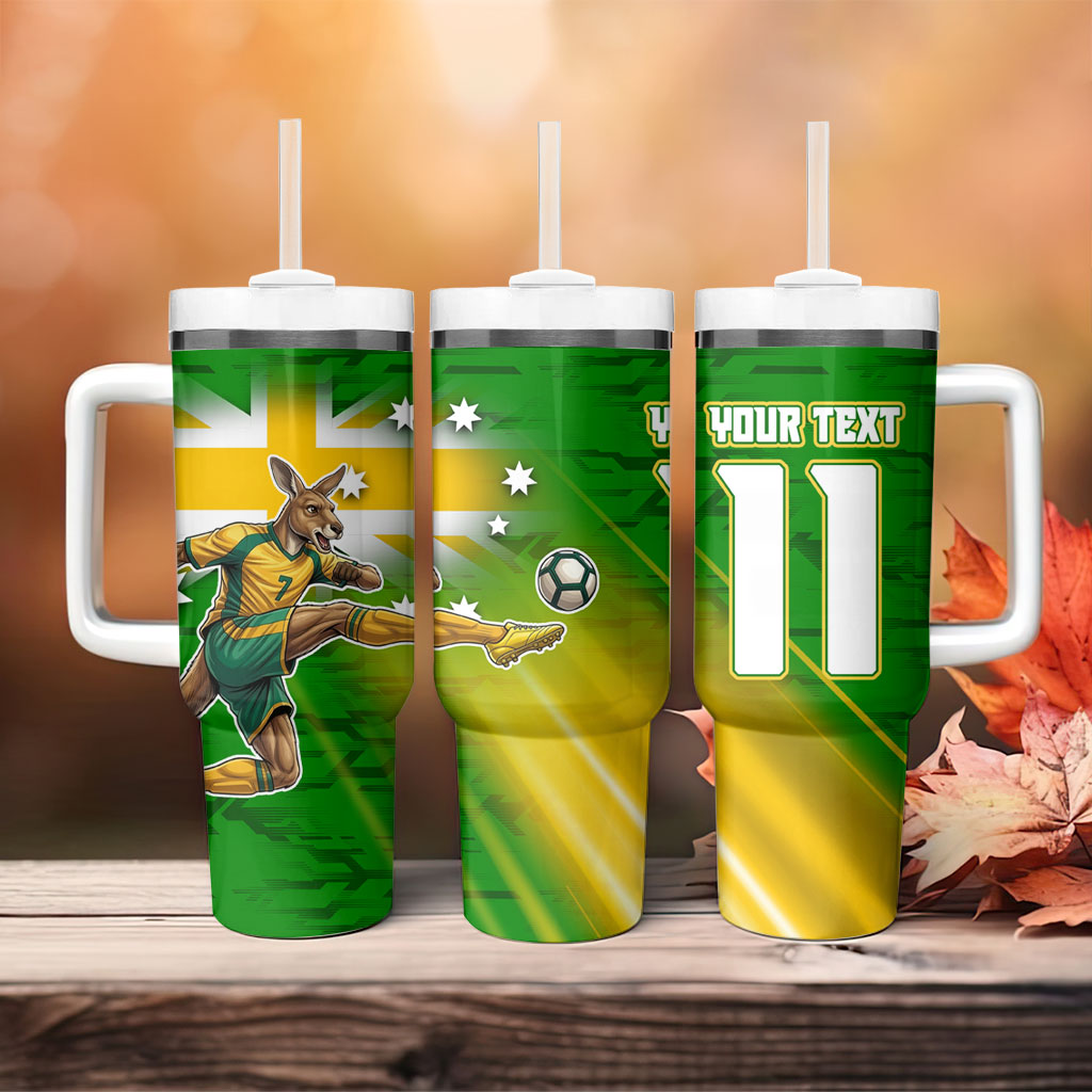 Personalized Australia Soccer Kangaroo Tumbler With Handle Dynamic Kick with Australian Flag Green Gold Sports Graphic