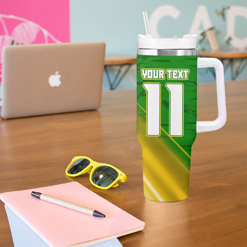 Personalized Australia Soccer Kangaroo Tumbler With Handle Dynamic Kick with Australian Flag Green Gold Sports Graphic