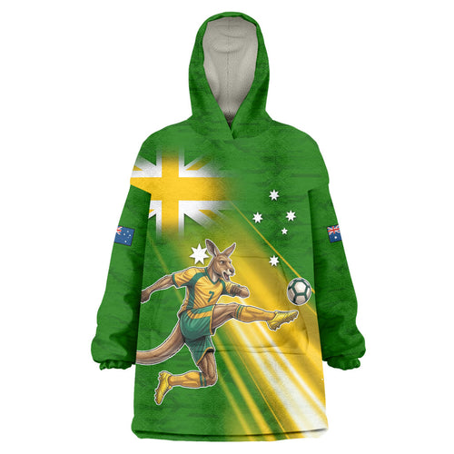 Personalized Australia Soccer Kangaroo Wearable Blanket Hoodie Dynamic Kick with Australian Flag Green Gold Sports Graphic