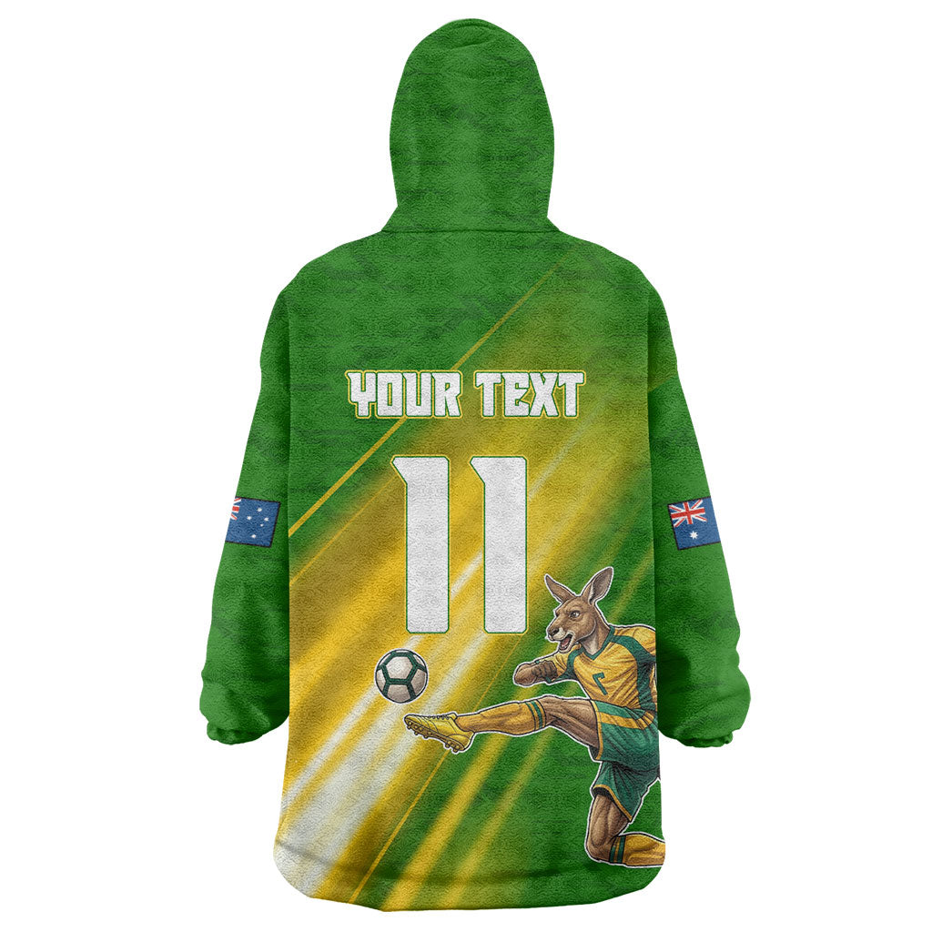 Personalized Australia Soccer Kangaroo Wearable Blanket Hoodie Dynamic Kick with Australian Flag Green Gold Sports Graphic