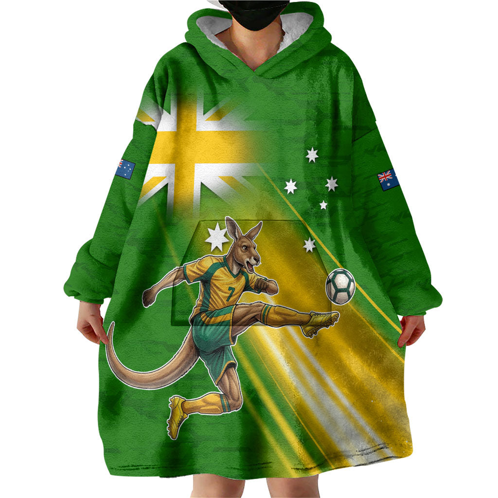 Personalized Australia Soccer Kangaroo Wearable Blanket Hoodie Dynamic Kick with Australian Flag Green Gold Sports Graphic