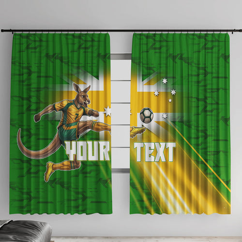 Personalized Australia Soccer Kangaroo Window Curtain Dynamic Kick with Australian Flag Green Gold Sports Graphic