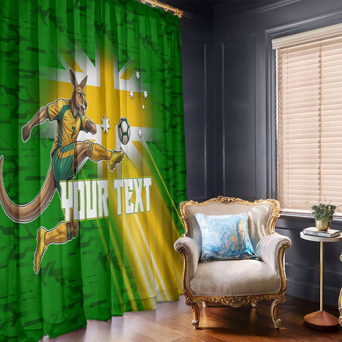 Personalized Australia Soccer Kangaroo Window Curtain Dynamic Kick with Australian Flag Green Gold Sports Graphic