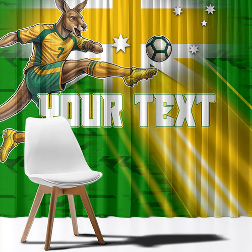 Personalized Australia Soccer Kangaroo Window Curtain Dynamic Kick with Australian Flag Green Gold Sports Graphic