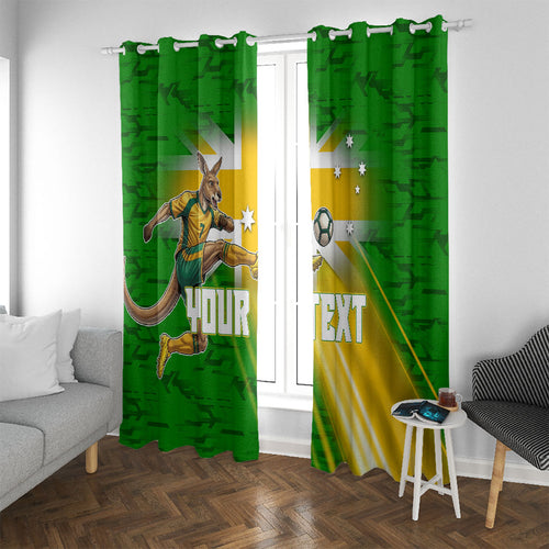 Personalized Australia Soccer Kangaroo Window Curtain Dynamic Kick with Australian Flag Green Gold Sports Graphic