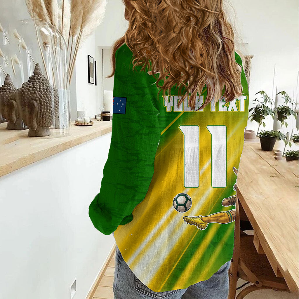 Personalized Australia Soccer Kangaroo Women Casual Shirt Dynamic Kick with Australian Flag Green Gold Sports Graphic