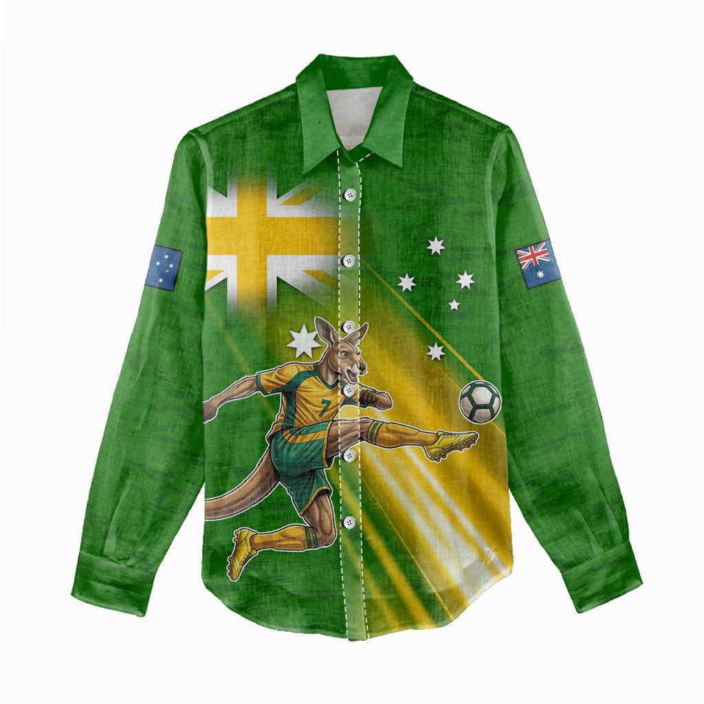 Personalized Australia Soccer Kangaroo Women Casual Shirt Dynamic Kick with Australian Flag Green Gold Sports Graphic
