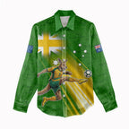 Personalized Australia Soccer Kangaroo Women Casual Shirt Dynamic Kick with Australian Flag Green Gold Sports Graphic