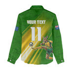 Personalized Australia Soccer Kangaroo Women Casual Shirt Dynamic Kick with Australian Flag Green Gold Sports Graphic