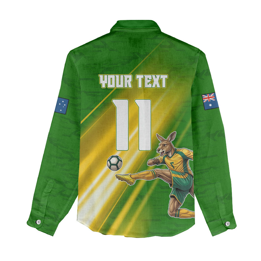 Personalized Australia Soccer Kangaroo Women Casual Shirt Dynamic Kick with Australian Flag Green Gold Sports Graphic