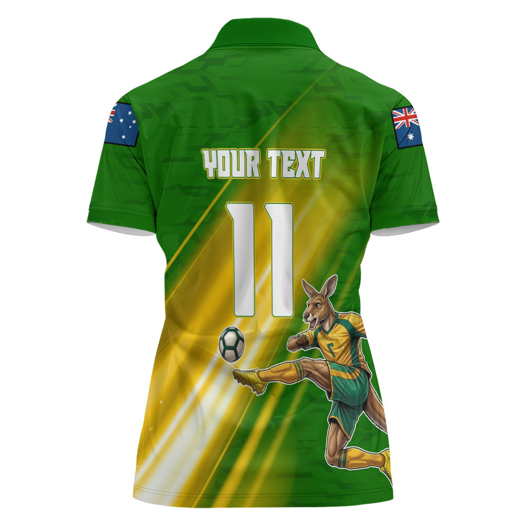 Personalized Australia Soccer Kangaroo Women Polo Shirt Dynamic Kick with Australian Flag Green Gold Sports Graphic