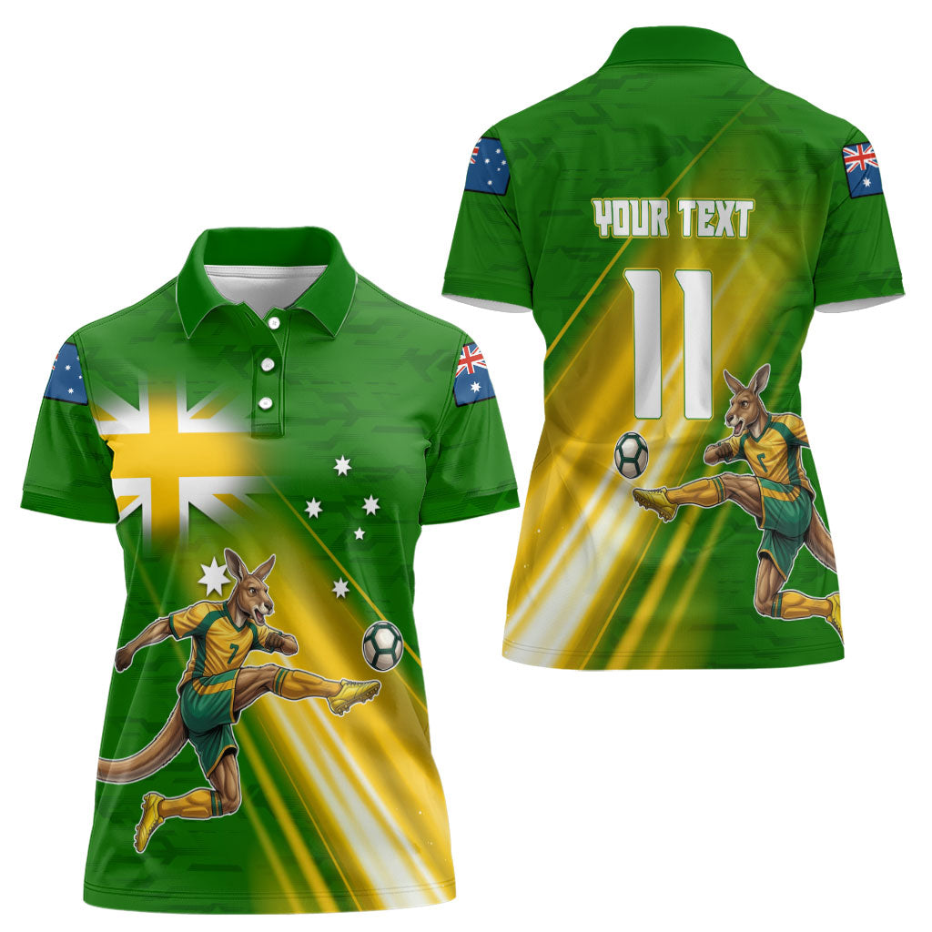 Personalized Australia Soccer Kangaroo Women Polo Shirt Dynamic Kick with Australian Flag Green Gold Sports Graphic