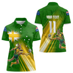 Personalized Australia Soccer Kangaroo Women Polo Shirt Dynamic Kick with Australian Flag Green Gold Sports Graphic