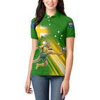 Personalized Australia Soccer Kangaroo Women Polo Shirt Dynamic Kick with Australian Flag Green Gold Sports Graphic